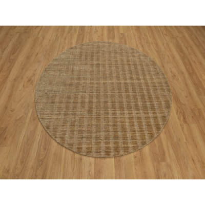 Tapis brun rond 6 pi x 6 pi brun clair en laine naturelle, motif à rayures verticales avec effet sel et poivre, tissé à la main