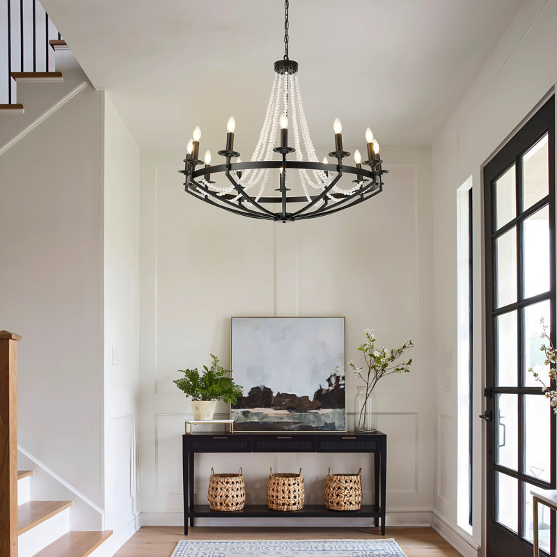  40" 12 - Light Candle Style Dimmable Wagon Wheel Chandelier, Matte Black