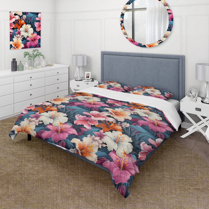 Exotic Purple Hibiscus Floral Oasis - Ensemble de housse de couette à motif floral