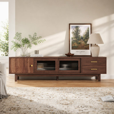 Meuble télé moderne de style Mid-Century pour téléviseurs de 80 pouces, avec portes coulissantes en verre et 2 tiroirs, idéal pour le salon ou la chambre.