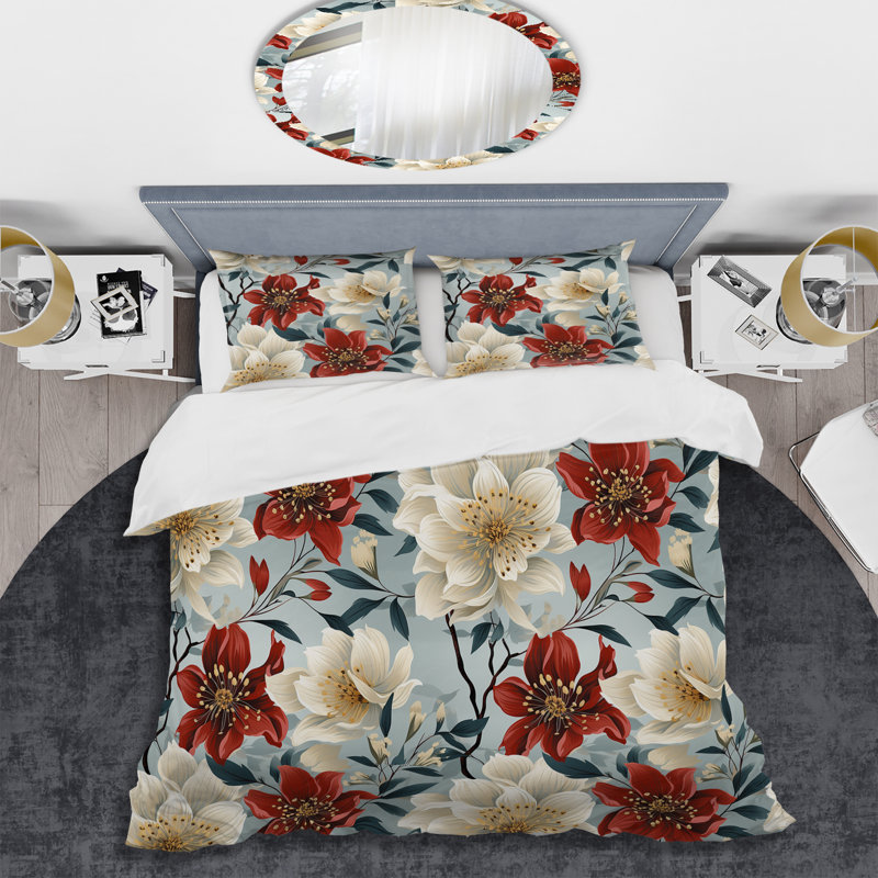 Ensemble de housse de couette à motif floral orchidées rouges et blanches, Housse de couette simple + 1 taie décorative stan