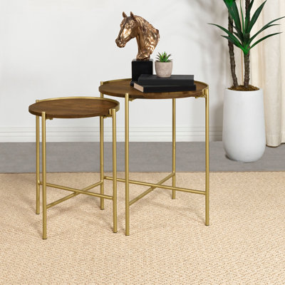 Table gigogne ronde en bois brun et doré 2 pièces Genevieve