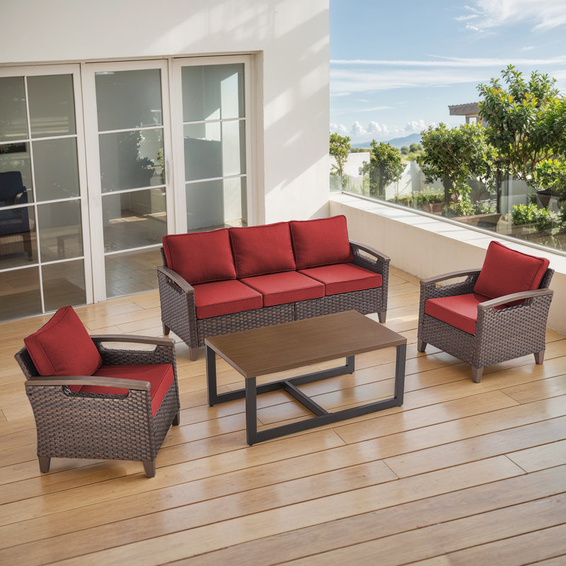 Arundel 5 Person Outdoor Patio Rattan Conversation Set With 47.2 Wide Table, Red