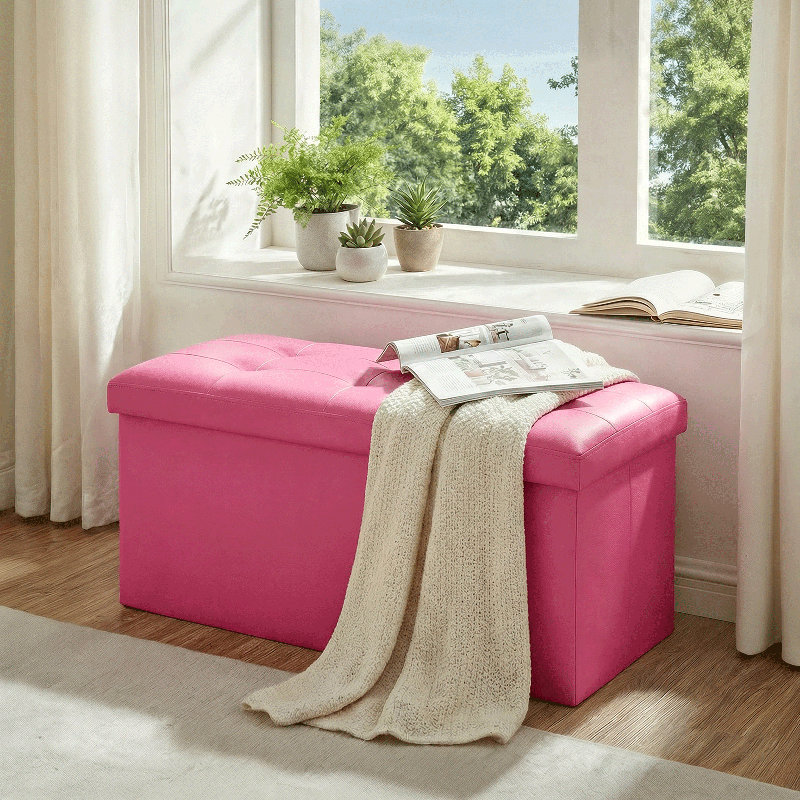 30" Upholstered Folding Storage Ottoman, PU Leather Tufted Footrest End of Bed Bench with Padded Seat, Pink