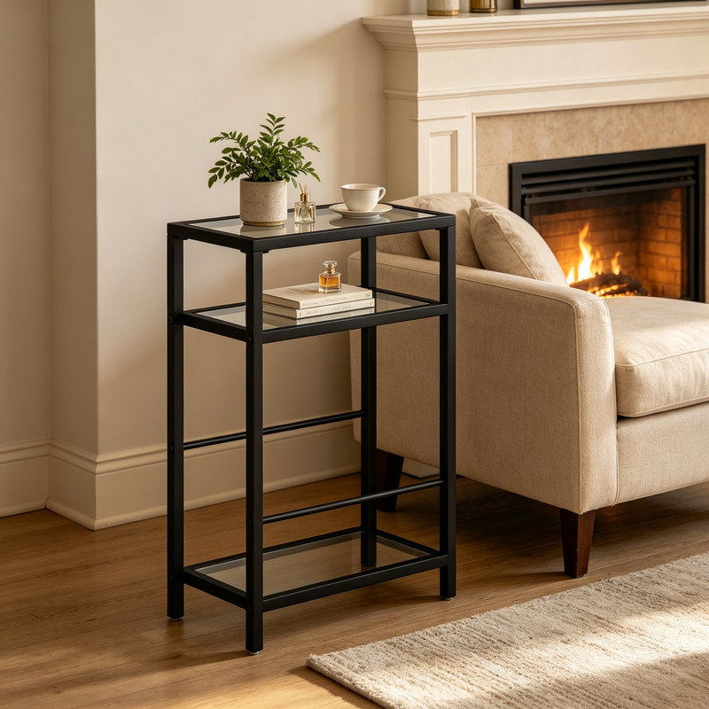3-Tier Side Table, Narrow End Table with Storage Shelf and Tempered Glass Tabletop for Small Spaces, Black