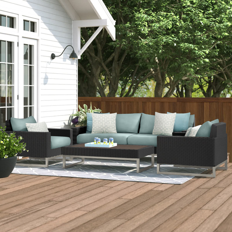 Sameko Amali 4-Piece Rattan Sofa Seating Group With Sunbrella Cushion Covers, Brown, Canvas Regatta Sunbrella® Canvas