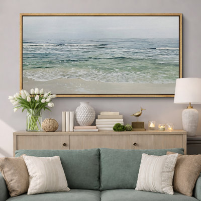 Serene Coastal Waves on Sandy Beach - Pictures Extra Large Framed Canvas Print Wall Art