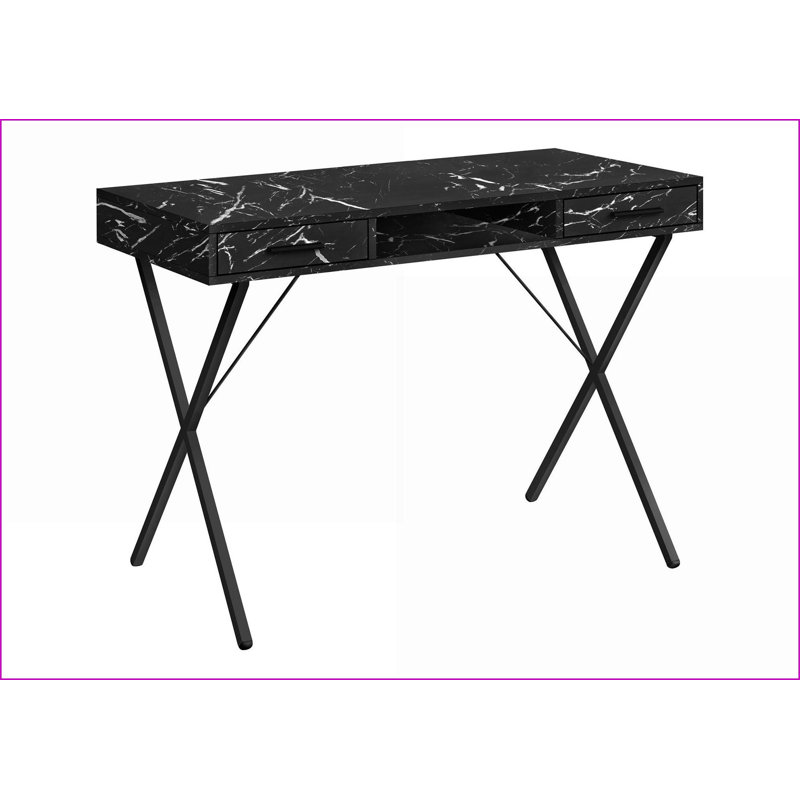 Bureaux, 42 po Bureau d'ordinateur contemporain avec tiroirs de rangement Tablette ouverte, stratifié d'aspect marbre noir, base en métal noir, configuration gauche / droite | Noir | Panneau de particules