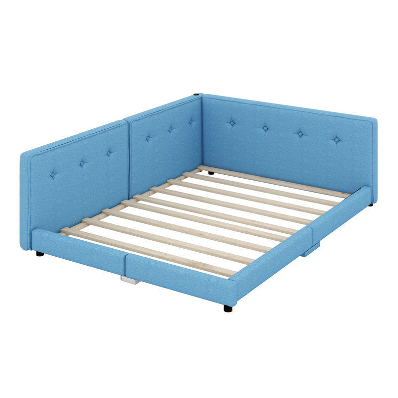 Lit plateforme tapissier avec ports USB, Bleu