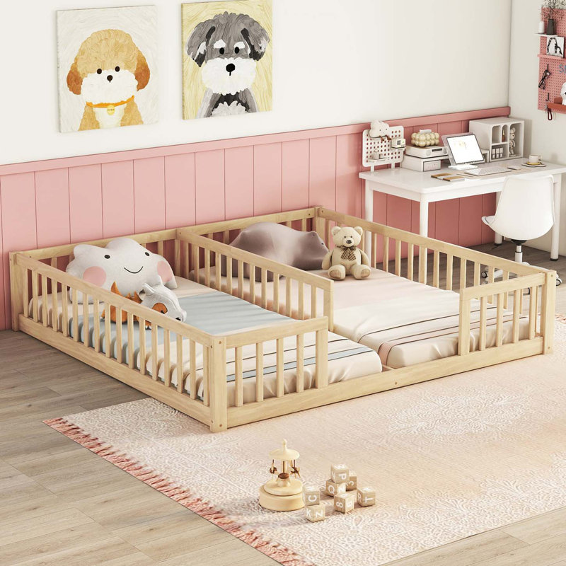Double Twin Floor Bed With Fence, Guardrails, Natural