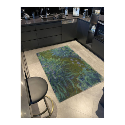 Tapis lavable décoratif à motif floral bleu et vert Iris