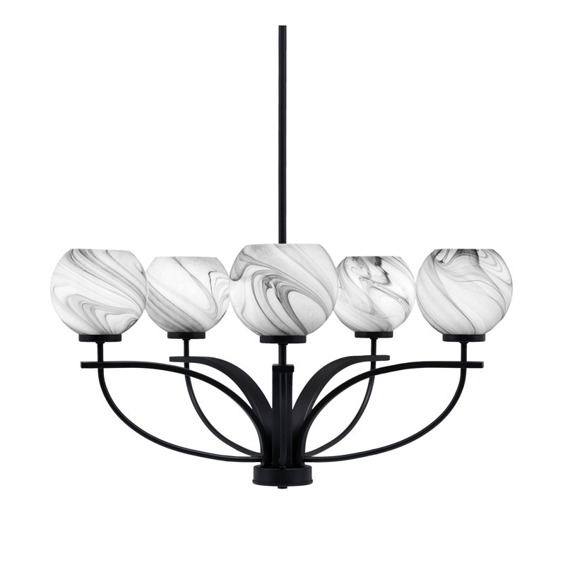 Lustre suspendu 5 lumières Cavella au fini noir mat avec verre tourbillon onyx de 5,75 po