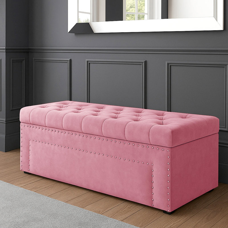 Duke Ottoman Storage Box - Chesterfield Upholstered Blanket Box - Plush Velvet Ottoman Bench with Storage, Pink
