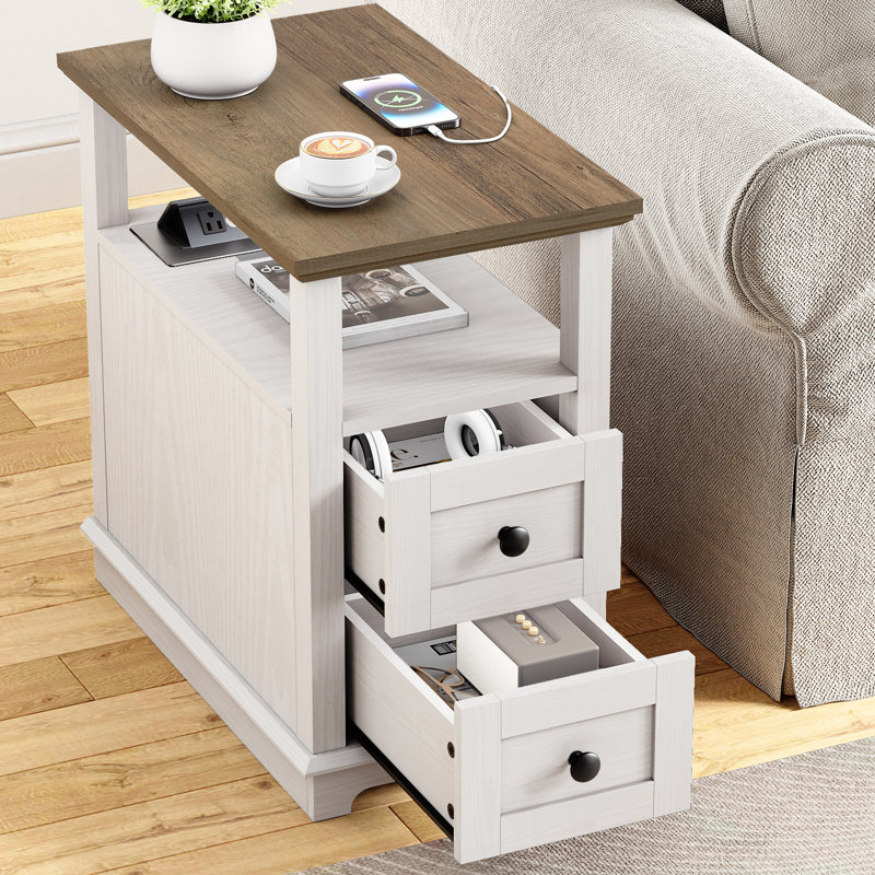 Tables de bout à 2 tiroirs avec rangement et station de charge rapide pour le salon, Marron foncé, 2 unités