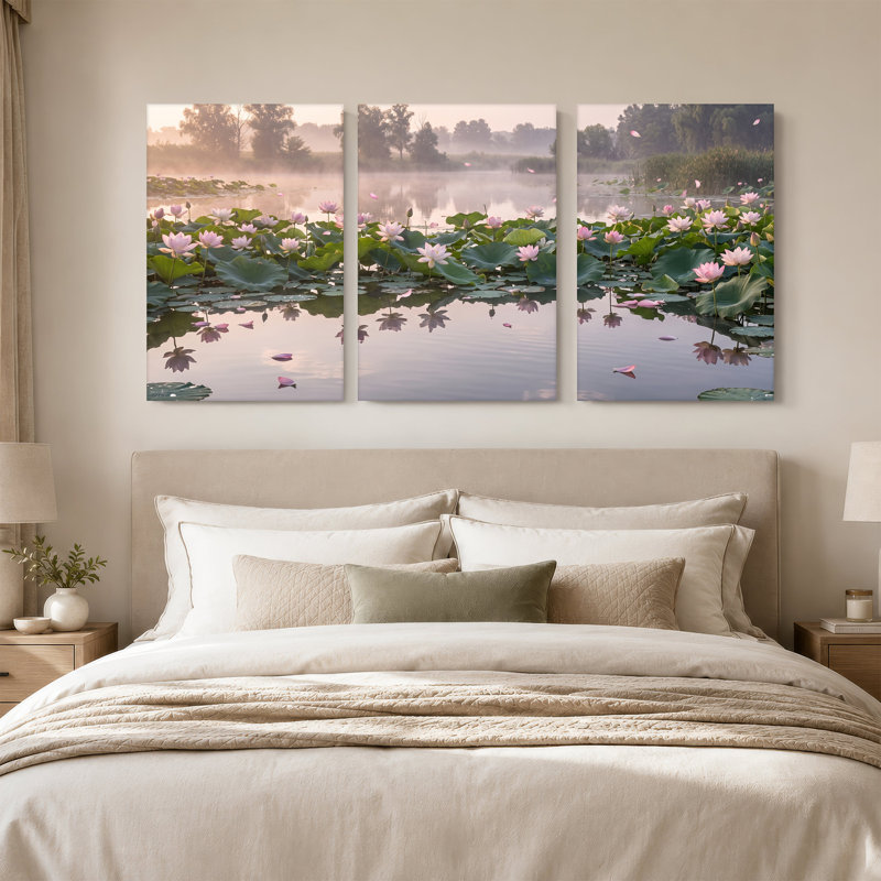 Fleurs de lotus rose sur étang brumeux, ensemble de 3 toiles, H 18 po x l 12 po x 3 pièces