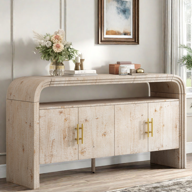 4-door Elegant Console Table With Natural Embossed Texture, Curved Edge And Metal Handles, Natural Wood