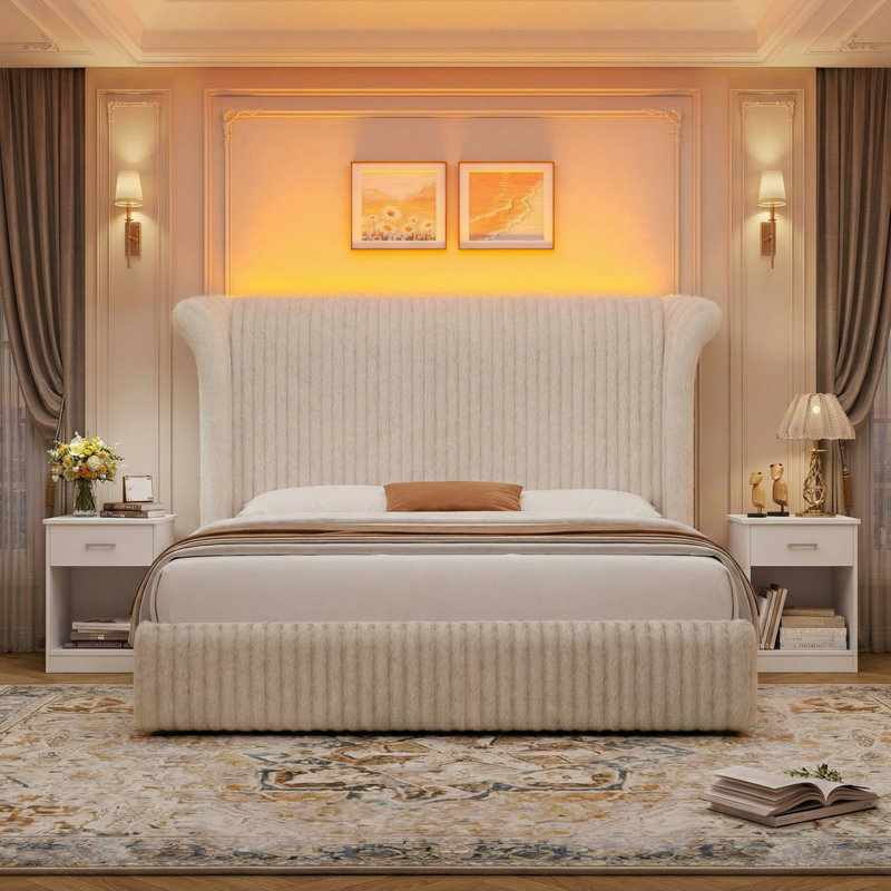 Ensemble de chambre à coucher 3 pièces, cadre de lit tapissier avec tête de lit haute de 55 po et 2 tables de chevet avec tiroirs