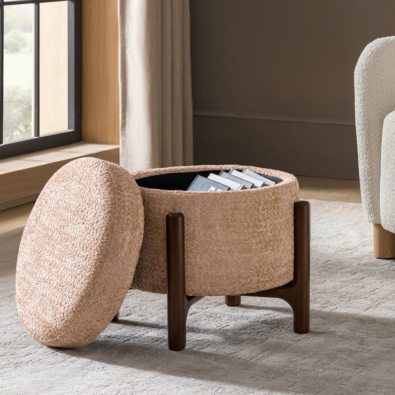 Lessman Modern 20"W Chenille Fully Assemble Round 4-in-1 Ottoman with Solid Wood Base, Sand