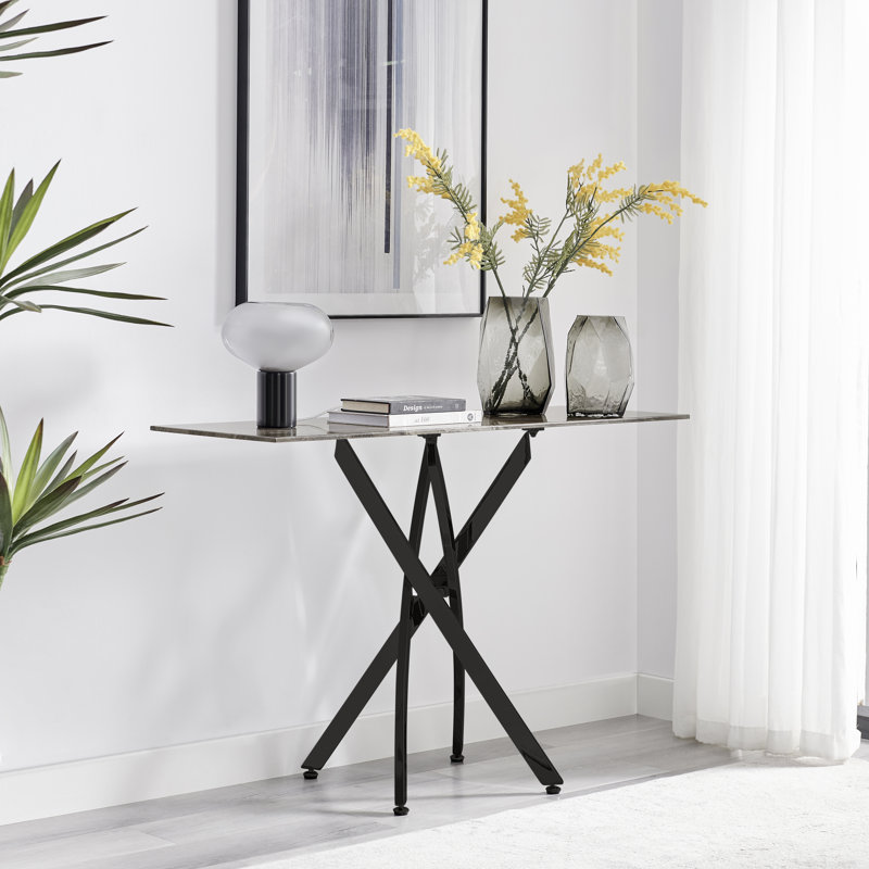 Leonardo Console Table White Glass Marble Effect Top Gold Legs, Grey, Black