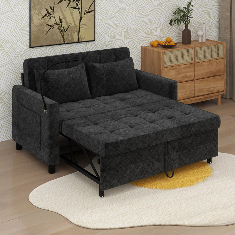 Canapé-lit avec causeuse et dossier réglable avec 2 coussins, sac de rangement, port USB et support pour téléphone, Noir