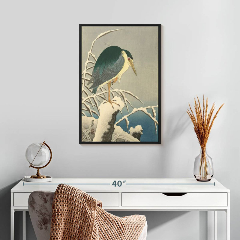 Héron dans la neige, Cadre flottant noir, 17 po x 25 po
