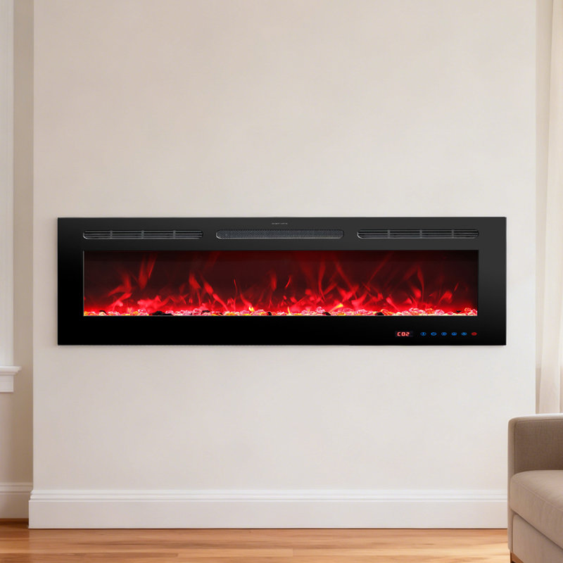 42"/50"/60"/72" Electric Fireplace Insert With Crystal Decor, Wall Mounted Fireplace Heater For Living Room, Timer, Overheating Protection, Remote, Black
