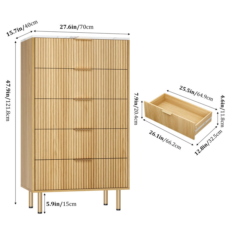 5 Drawer Fluted Dresser for Bedroom, Modern Wood Chest of Drawers with Handles for Closet Storage, White