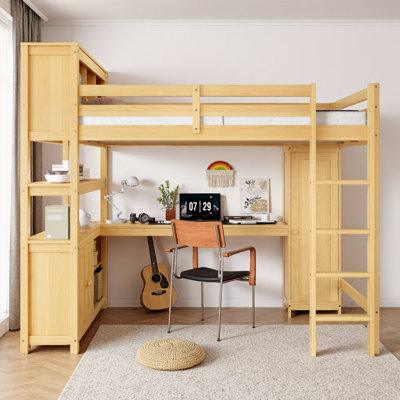 Grand lit mezzanine peu encombrant avec garde-robe, bureau et bibliothèque pour enfants - mobilier de chambre durable