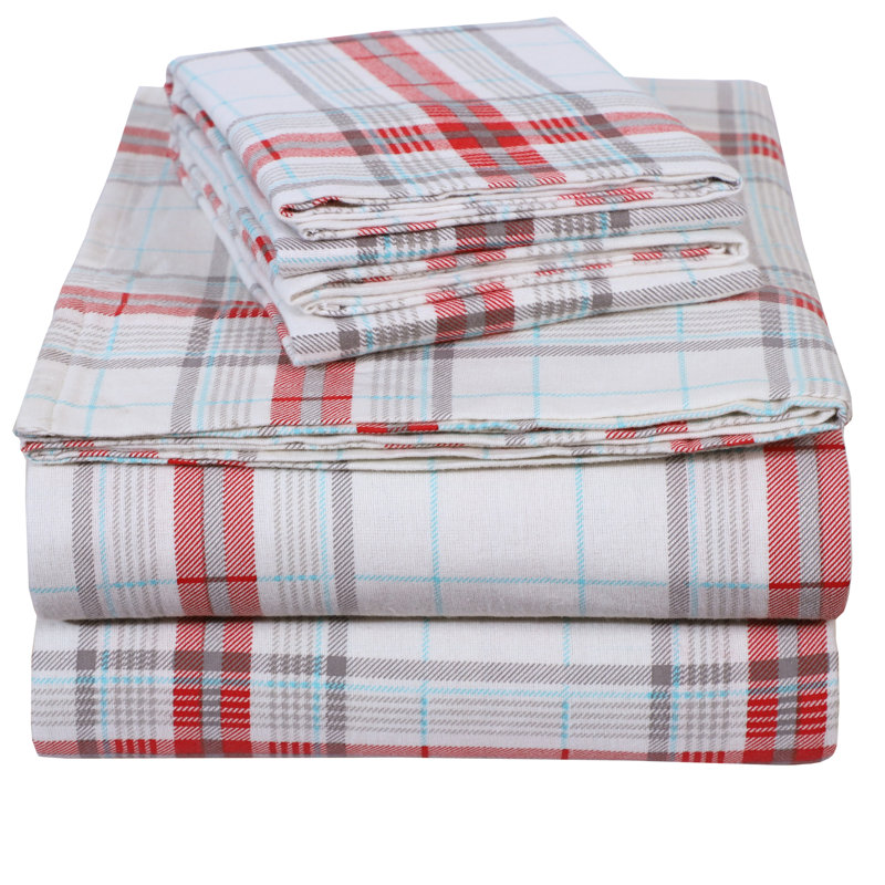 Ensemble de draps en flanelle écossais, Ensemble de draps pour grand lit + un drap-housse , À carreaux, bleu