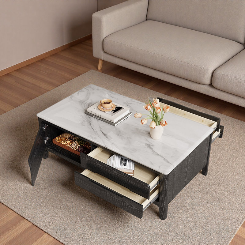 Table basse en bois Ultra Crystal Stone, H 19,7 po x L 55,1 po x P 31,5, Blanc, Noir