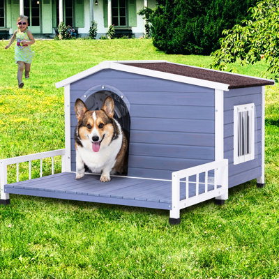 Grey Large Outdoor Dog House With Removable Terrace, Waterproof Asphalt Roof & Ventilation Solid Wood For Small Dogs, And Terrace