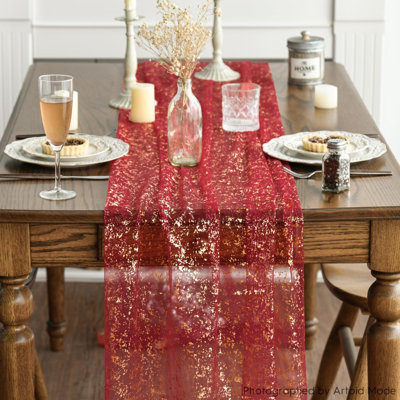 3PCS Red Gold Gauze Table Runner 120 Inch 10FT, Glitter Metallic Foil Sheer Dining Wedding Anniversary Holiday Table Decor for Home Party