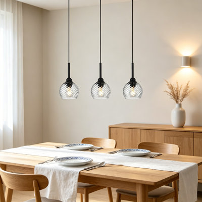 3-Light Linear Island Light With Striped Swirl Globe Glass, Black Pendant Light Fixture Farmhouse Chandelier For Dining Room, Kitchen, Bar, Living Room, Clear Glass Shades