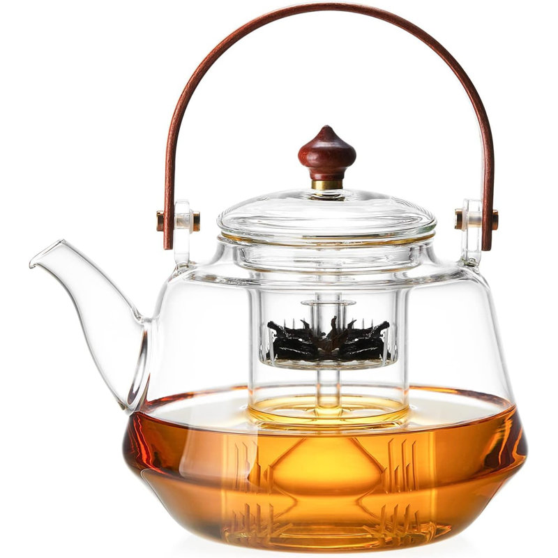 Théière en verre 40 oz avec bec anti-goutte, poignée et couvercle en bois de pêche, verre borosilicaté résistant à la chaleur, infuseurs doubles