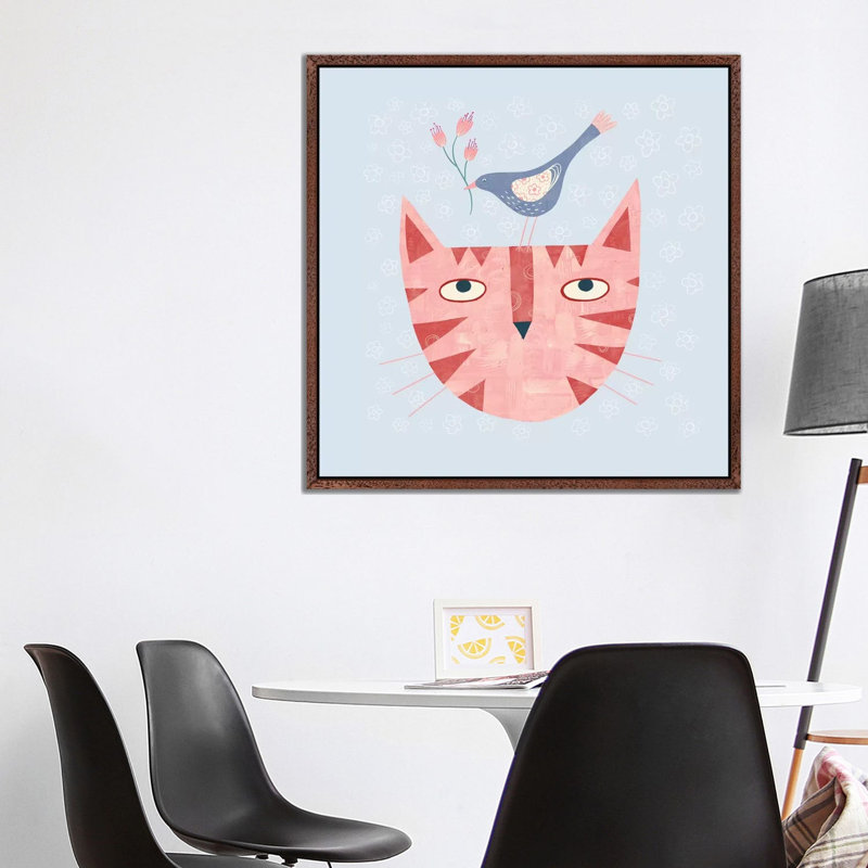 Cat Bird Flower by Nic Squirrell - Print on Canvas, 93.98 cm H x 93.98 cm W, Classic Brown Wood Framed