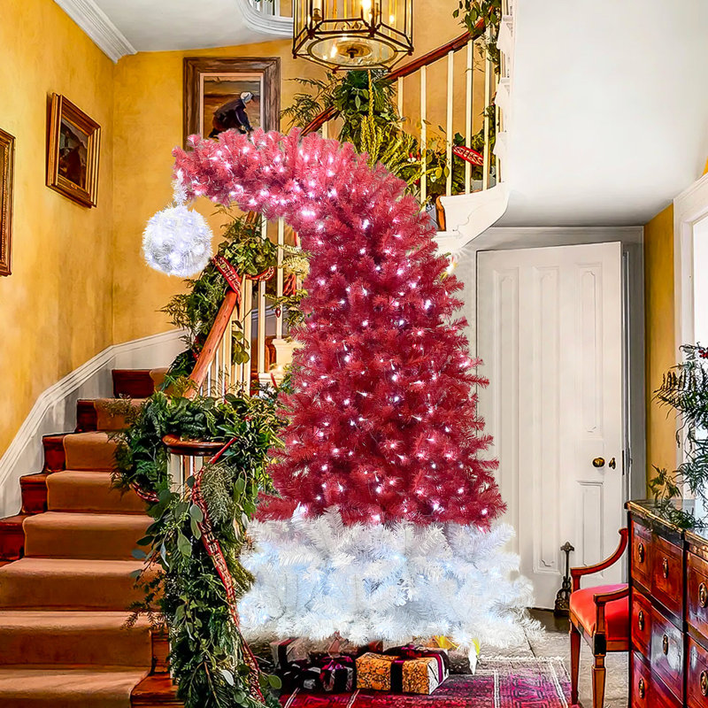 Arbre de Noël à charnière de 6 pi, 300, 1250 pointes de branches, ornement intérieur rouge en forme de chapeau rouge blanc
