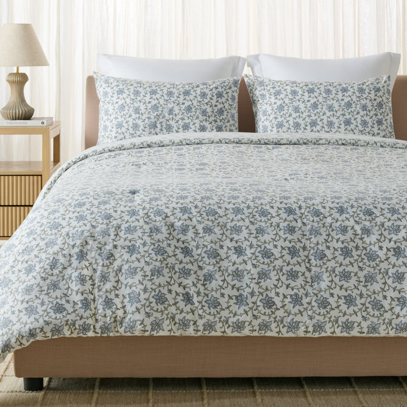 Ensemble d'édredon réversible floral, Brume bleue / floral vert sauge, Édredon pour grand lit + 2 taies décoratives pou