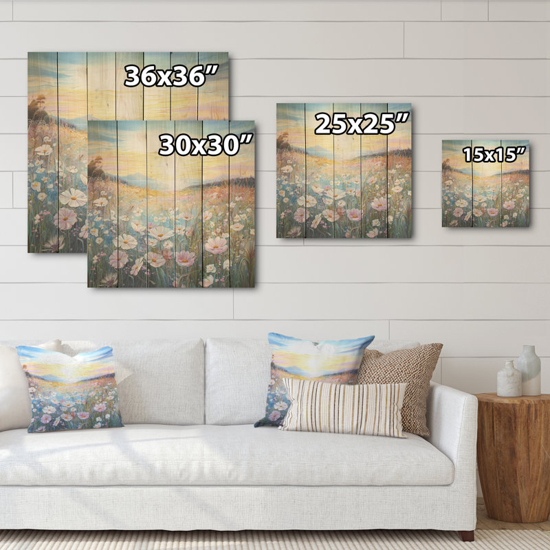 Fleurs roses dans un paysage de vallée I - champ de fleurs, art mural sur bois de pin naturel, H 25 po x l 25 po