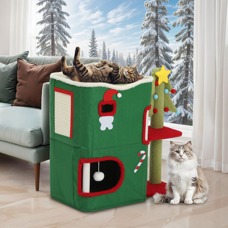 Christmas 2-Storey Indoor Cat House with Scratching Post & Bed