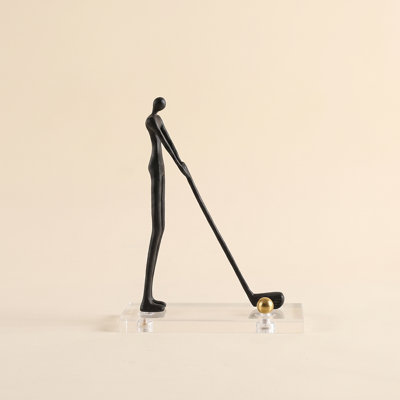 Abstract Golfer Figurine – 9.4-Inch Matte Black Metal Sculpture on Acrylic Base, Gold Ball Accent, Golf Lover Gift, Home Office Desk & Living Room Décor