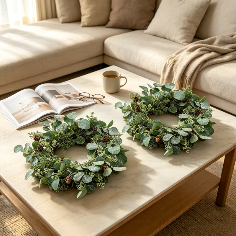 Couronne de bougies en eucalyptus artificiel vert pâle (lot de 2), style champêtre, idéale pour décorer une table en toute saison, lors d'événements ou à manger.