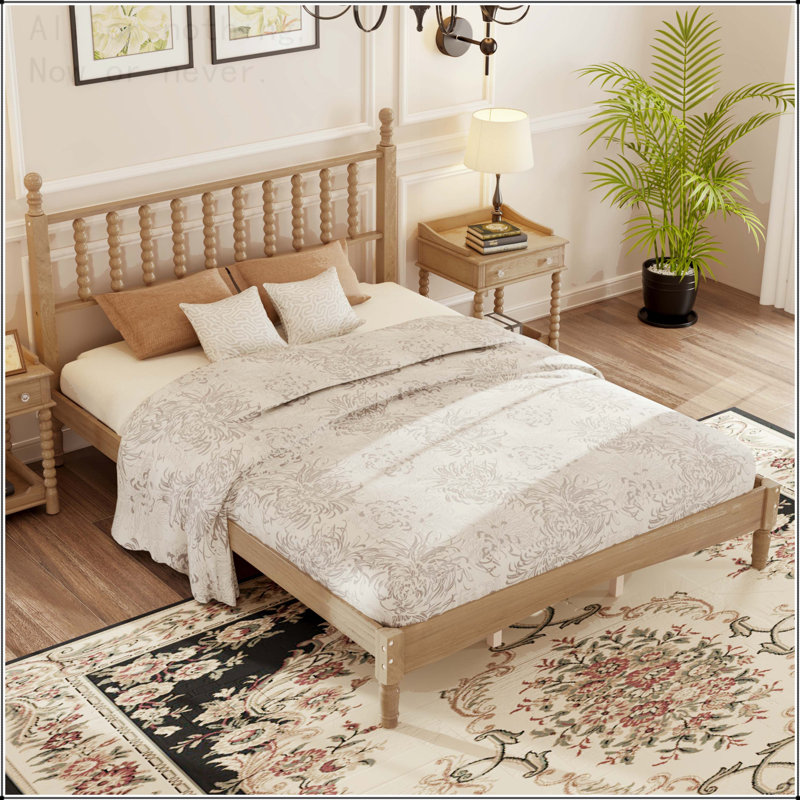 Grand lit plateforme rétro avec tête de lit en forme de gourde et lattes en bois, Natural