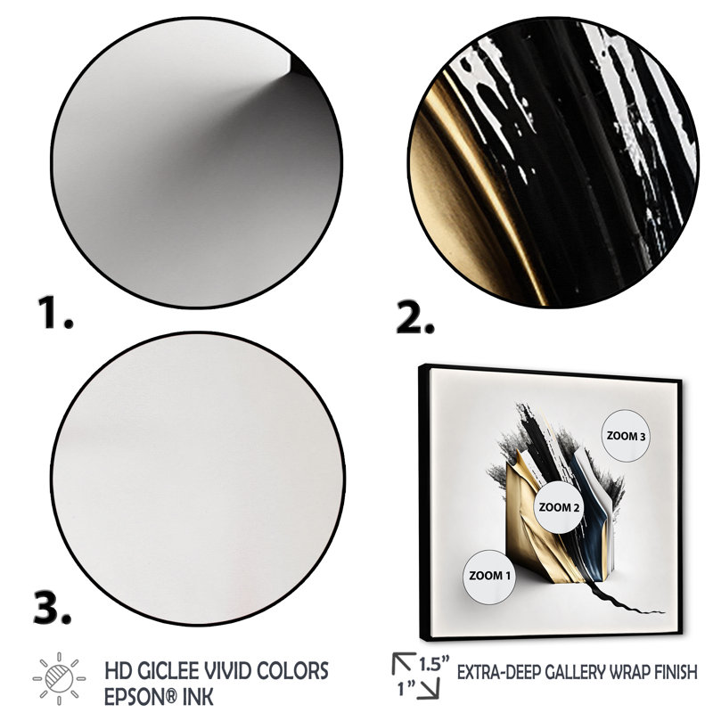 «Cubic», art cubique abstrait noir et or, H 30 po x l 30 po x P 1 po, Toile avec cadre flottant noir