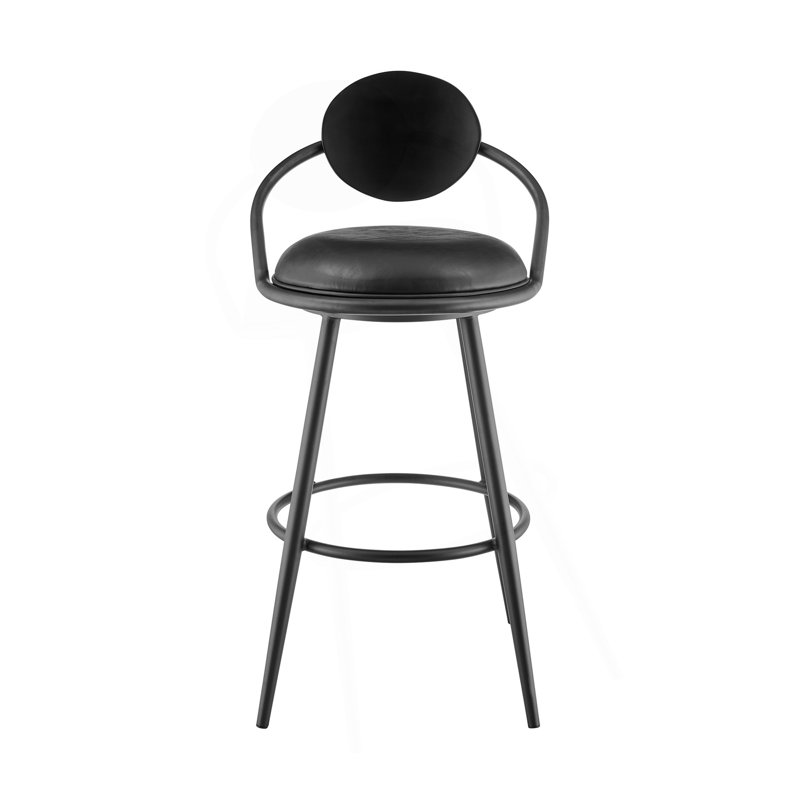 Tabouret tournant 30 "en fer noir avec similicuir rétro et dossier en bois noir, Noir