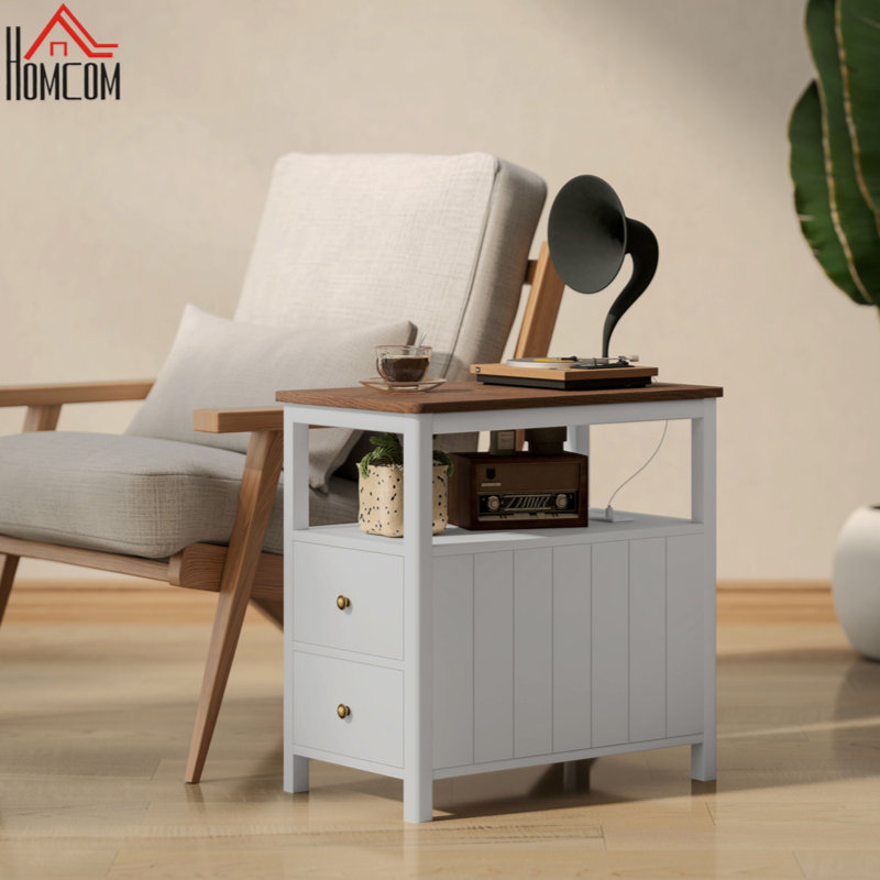 Table de bout avec station de charge et ports USB HOMcom, table d'appoint étroite avec tiroirs et tablette,