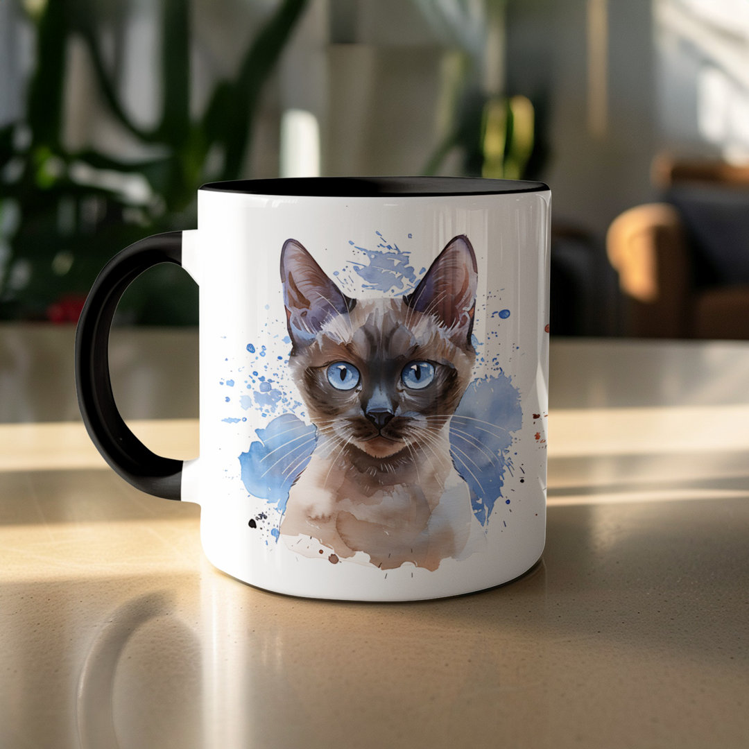 Set of 3 – Cat Design 11oz Accent Mug – White Ceramic Coffee Cup with Colored Handle and Interior