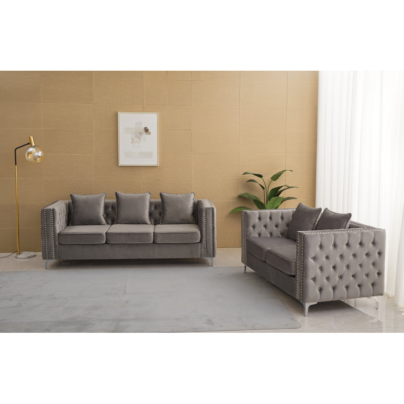 Ensemble de salon en velours 2 pièces Habbe, gris