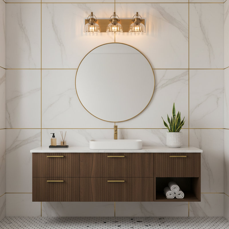 Miroir de salle de bain 3 lumières couleur laiton, 22,8 po