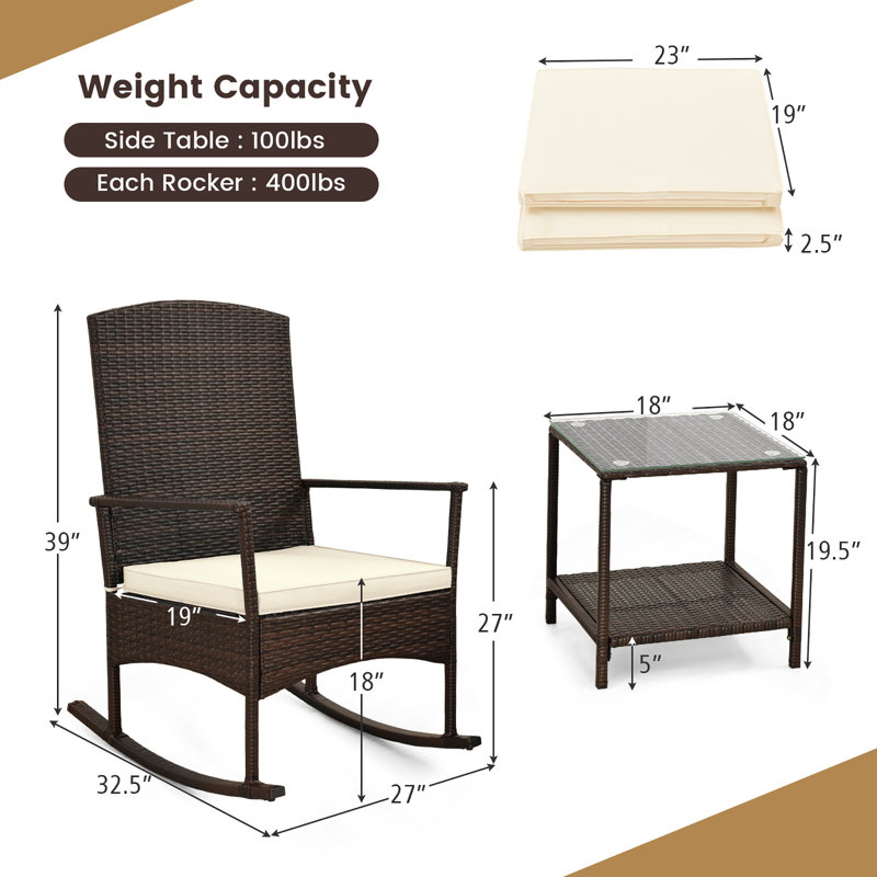 Red Barrel Studio® 3 Pieces Rocking Wicker Bistro Set Outdoor Front Porch Rocker Chairs Conversation Set, White