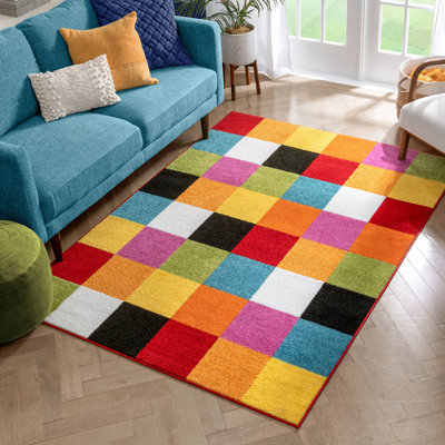 Tapis rouge / bleu / jaune à motif géométrique vif pour enfants